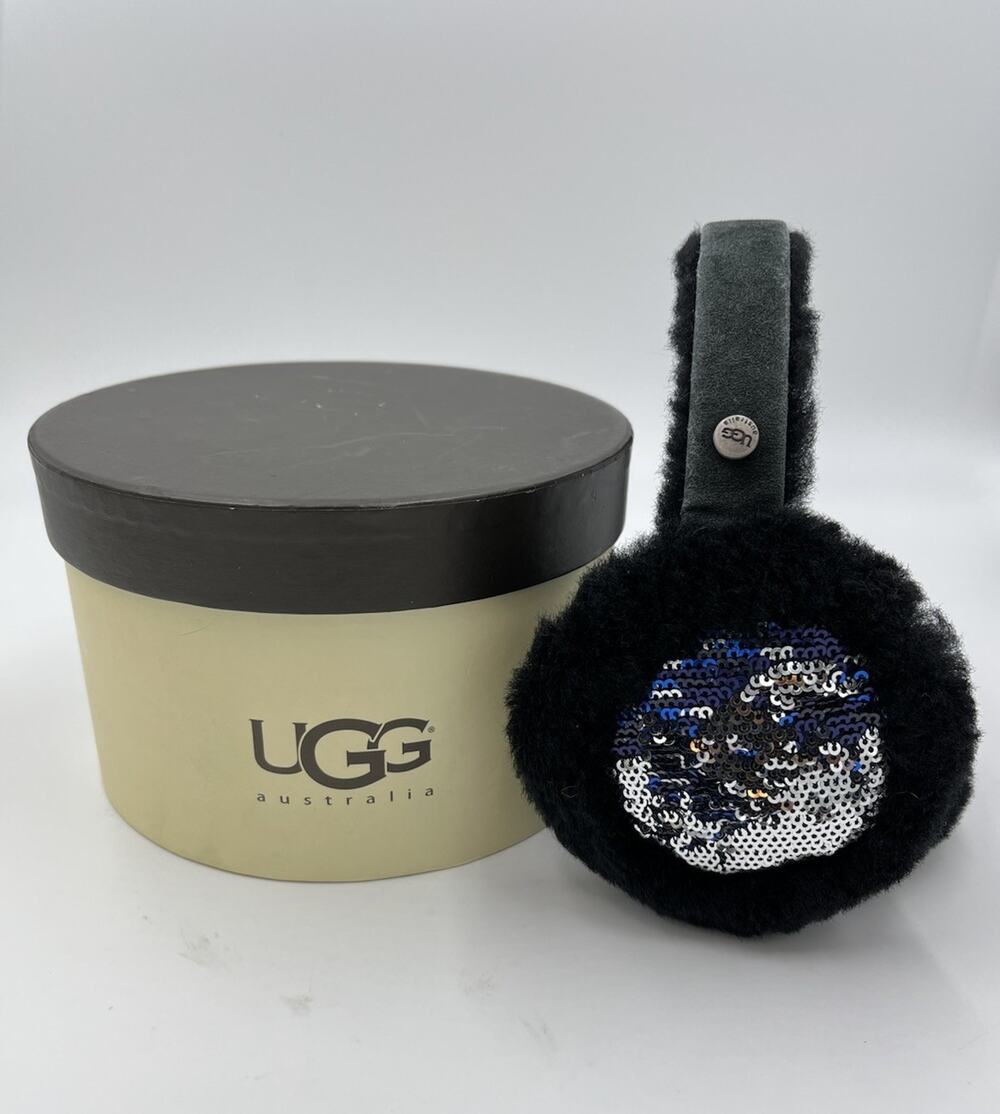UGG SHEEPSKIN Suede Leather Sequin Earmuffs Black Blue Silver Reversible Fur